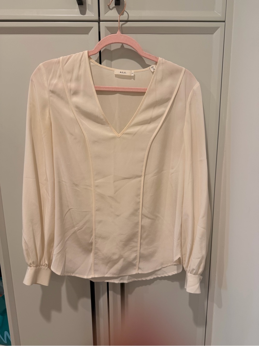 A.L.C. Silk Cream V-Neck Paneled Long Sleeve Blouse